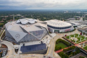 A outside overview of the Mercedes Benz stadium. cheapest concession stand food