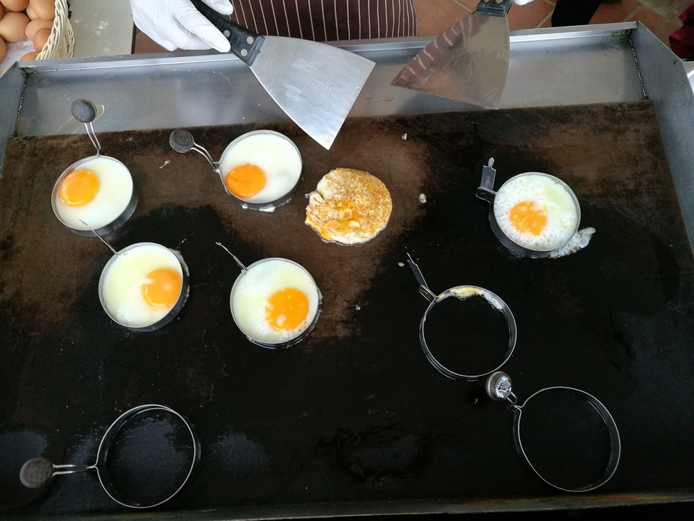 Eggs being fried on griddle