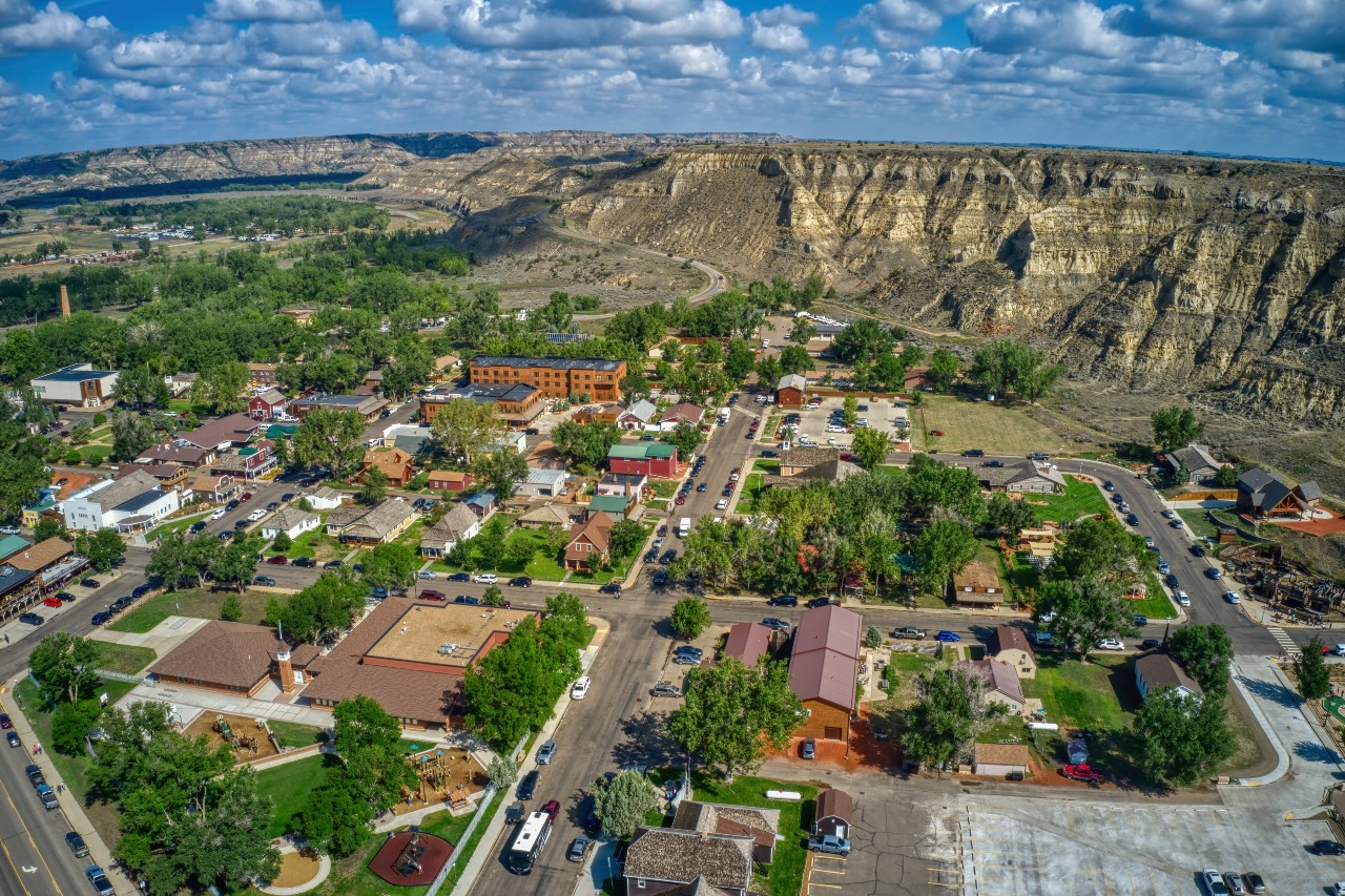 Aerial View of the Tourist Town of Medora, North Dakota outside of Theodore Roosevelt National Park