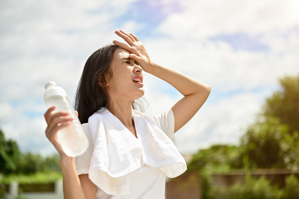 Wear lightweight, light-colored clothing - An exhausted and sweaty young Asian woman in sportswear is fighting the heat wave while running in a park on a sunny summer day. summer activity, heat stroke, dehydrated